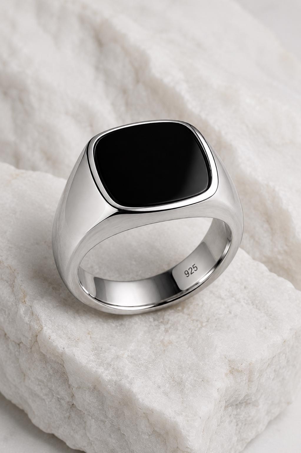 925 Silver Black Onyx Signet Ring | Minimal Mens Ring | Cushion shape design