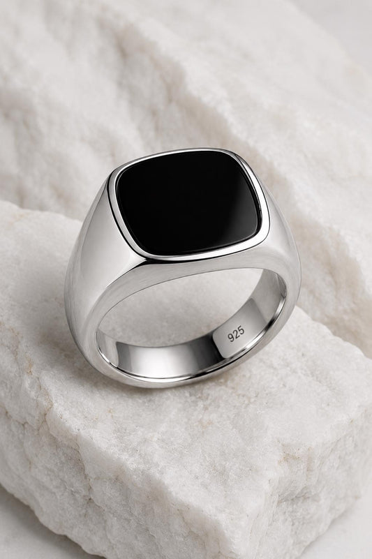 925 Silver Black Onyx Signet Ring | Minimal Mens Ring | Cushion shape design