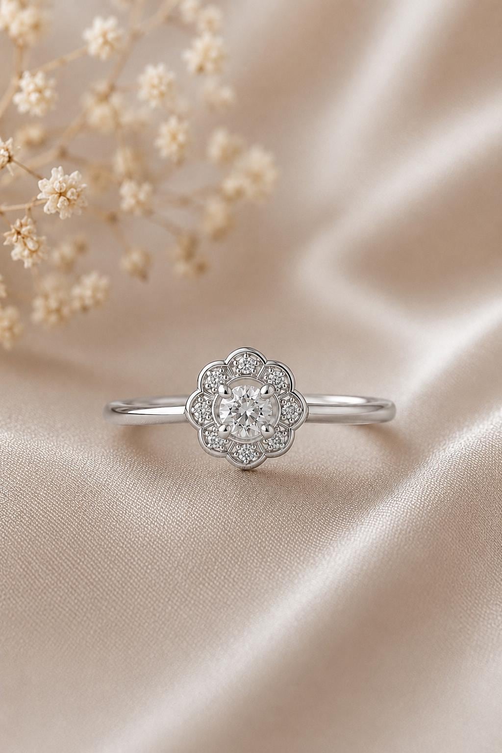 Sterling Silver Floral Halo Ring, Cubic Zirconia Daisy Promise Ring