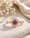 Sterling Silver Amethyst Floral Halo Ring, February Birthstone, Dainty Promise Ring