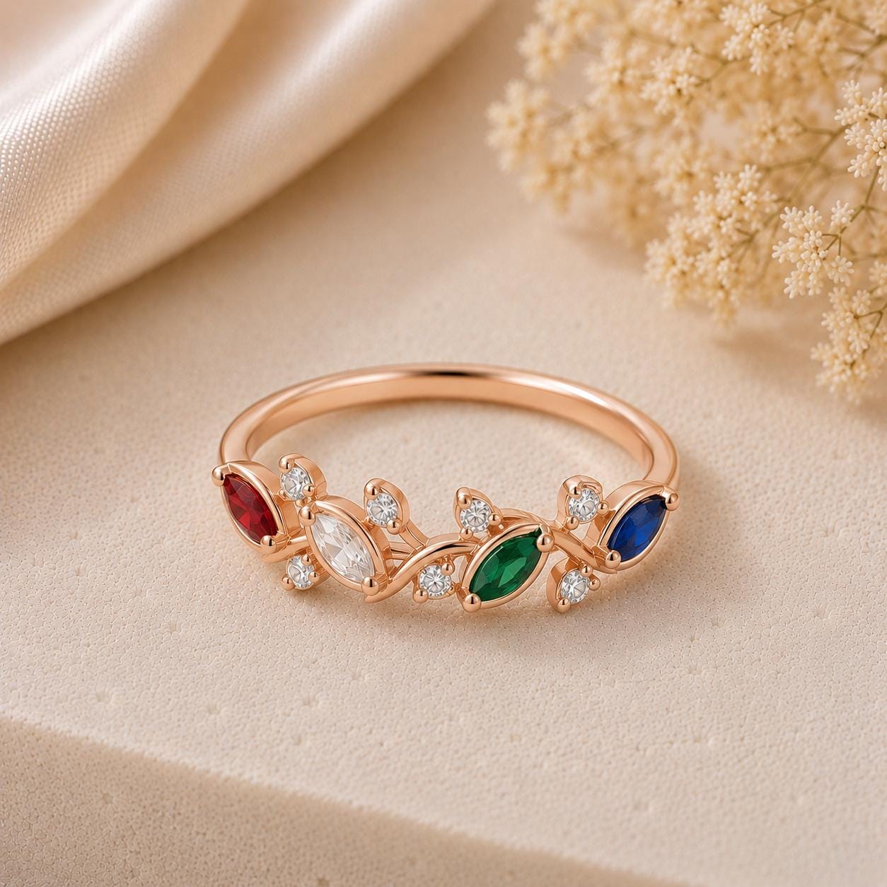 925 Sterling Silver Marquise Birthstone Ring, Leaf Design, Personalized Family Jewelry