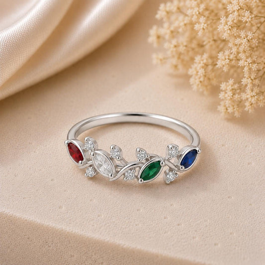 925 Sterling Silver Marquise Birthstone Ring, Leaf Design, Personalized Family Jewelry