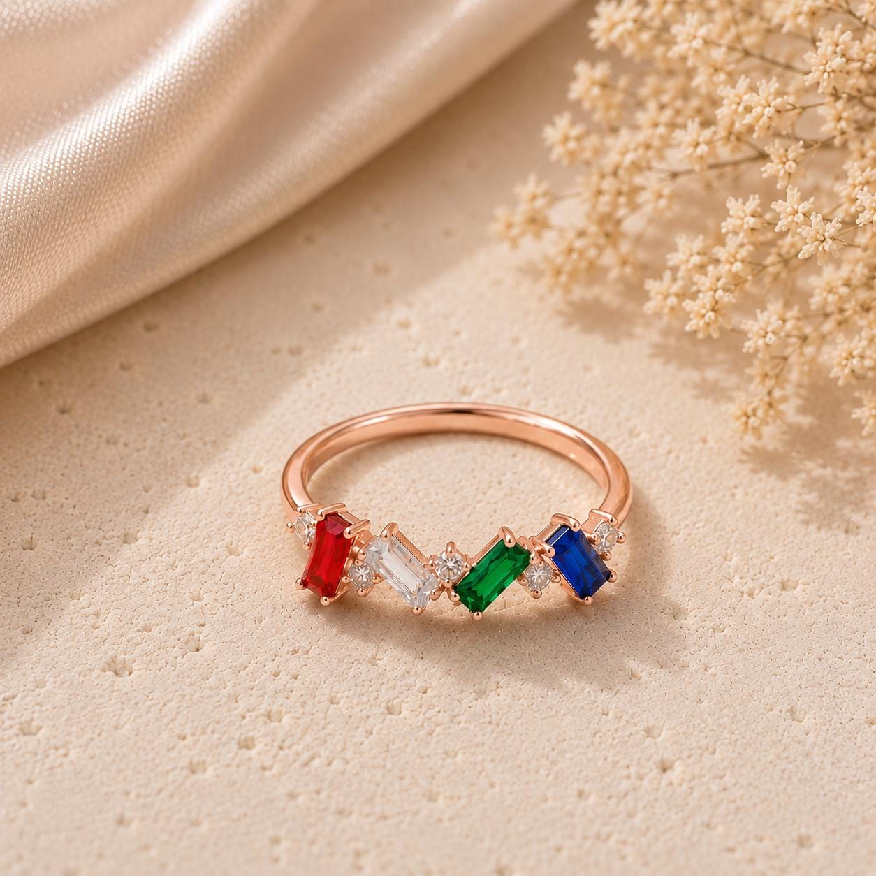 Personalized Family Birthstone Ring, Sterling Silver Baguette CZ, Modern Minimalist Jewelry