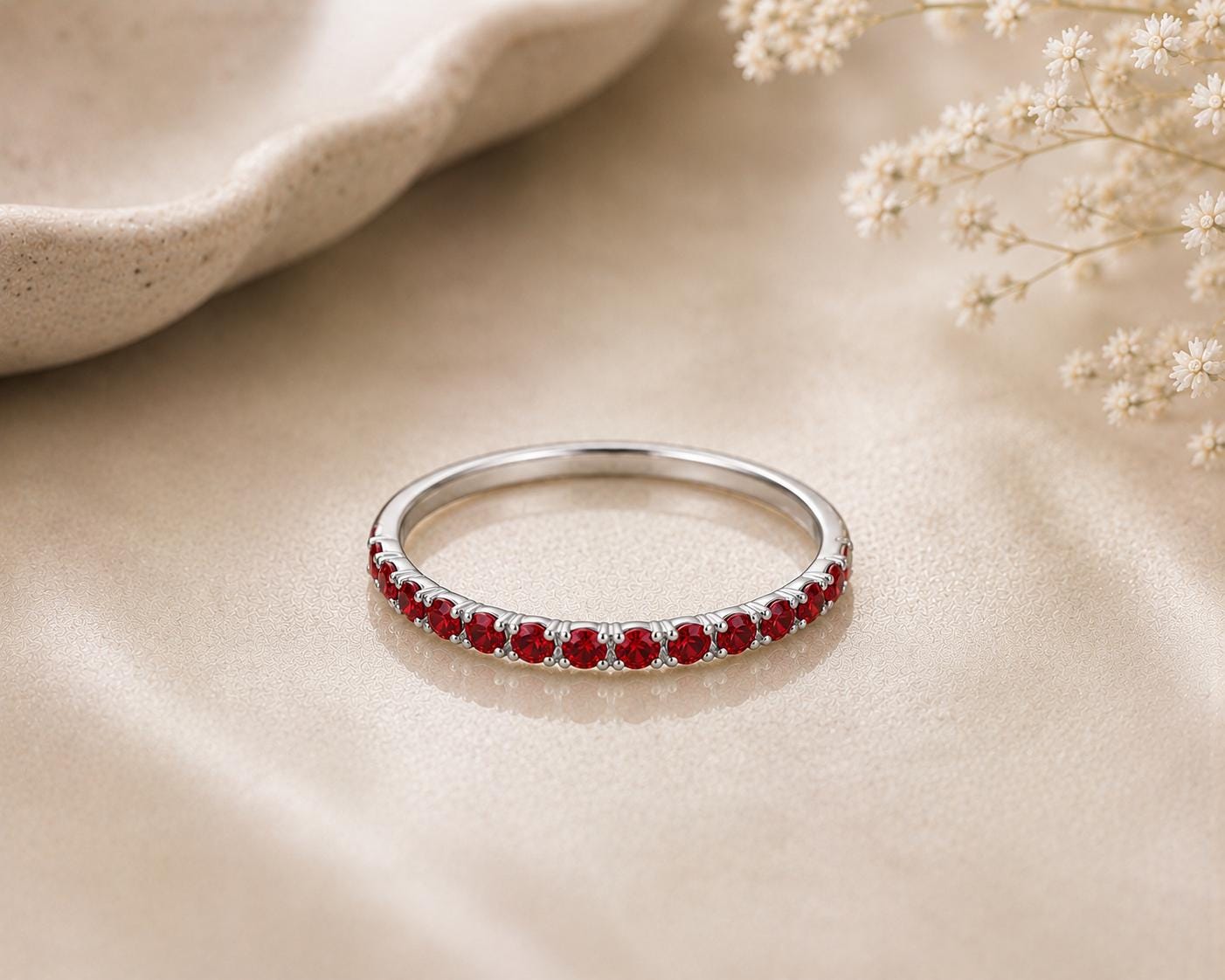 Sterling Silver Ruby CZ Eternity Band Ring, Minimalist Stackable Wedding Anniversary Promise Ring