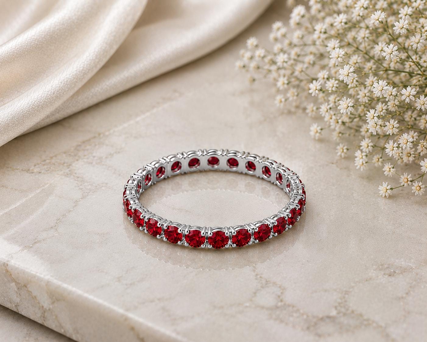 Sterling Silver Ruby Red CZ Eternity Band, Stackable Wedding Anniversary Ring