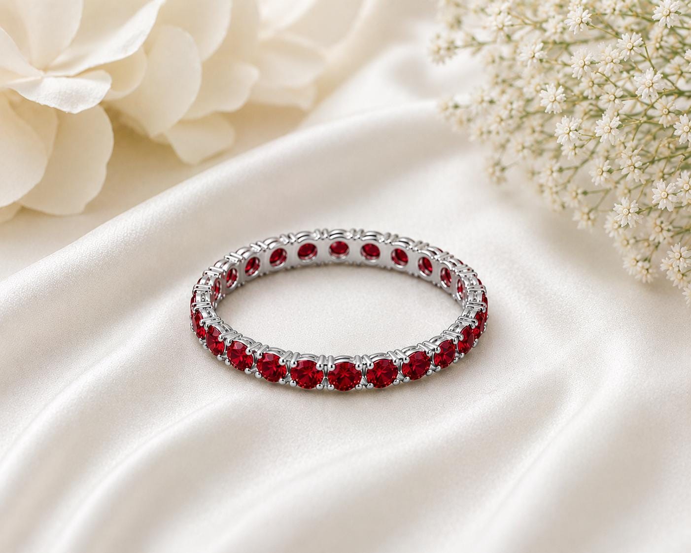 Sterling Silver Ruby Red CZ Eternity Band, Stackable Wedding Anniversary Ring
