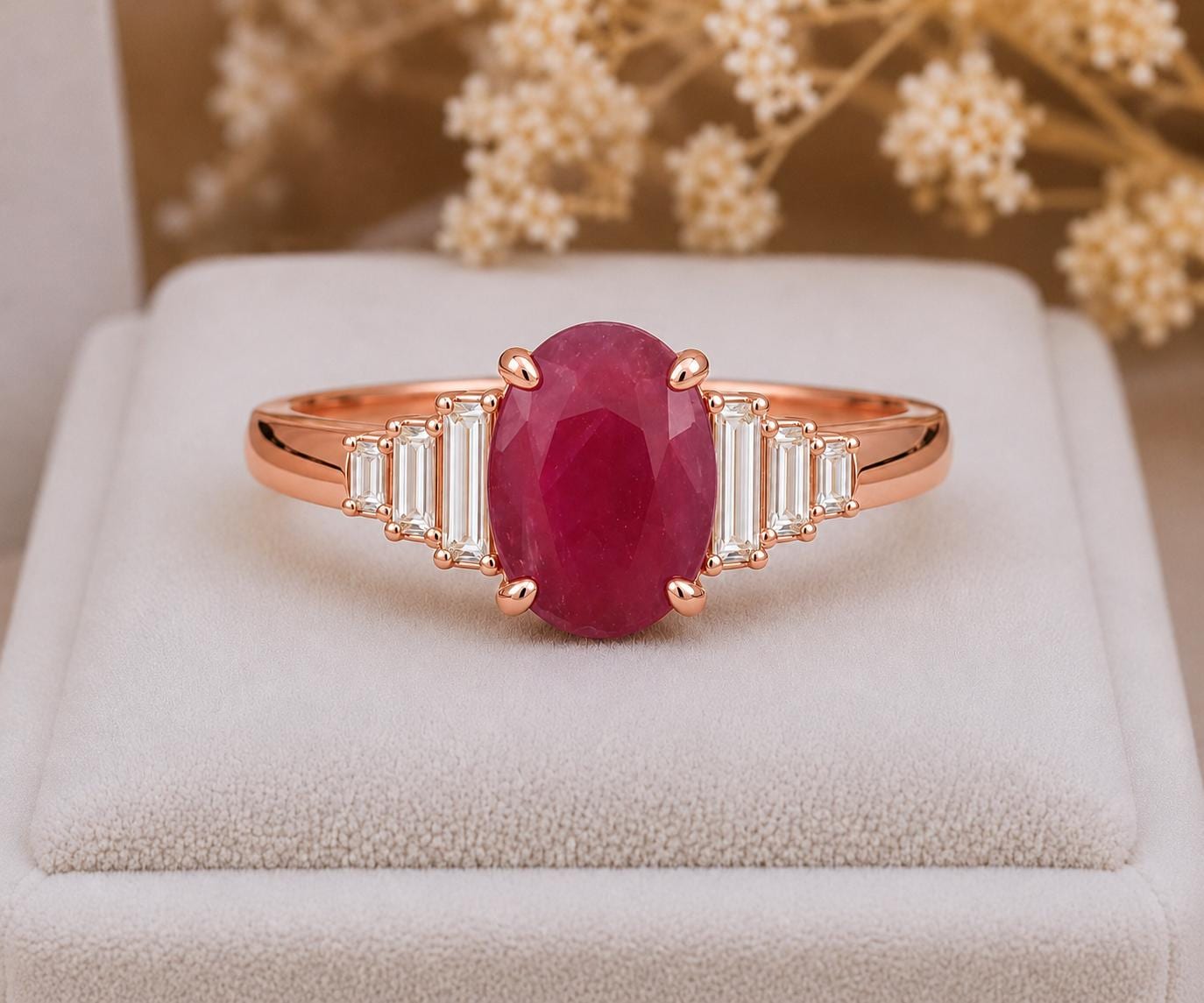 Oval Indian Ruby Engagement Ring, 925 Sterling Silver, Baguette CZ Accents