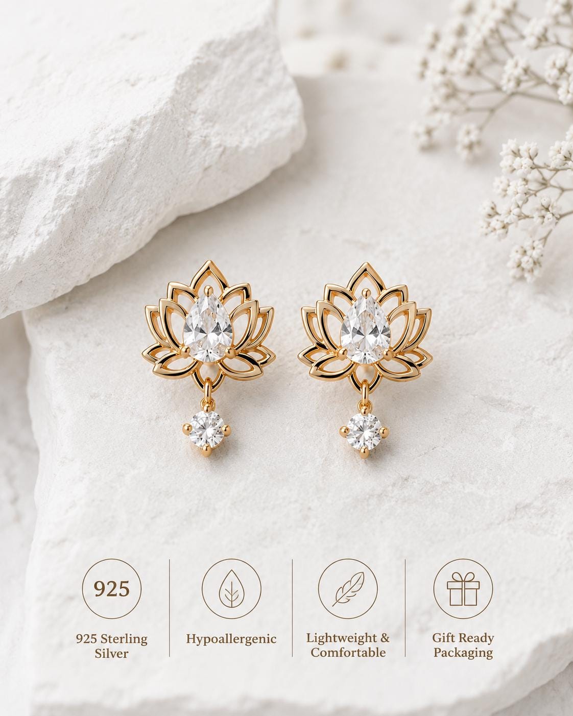 Sterling Silver Moissanite Lotus Drop Earrings, Dainty Floral Studs