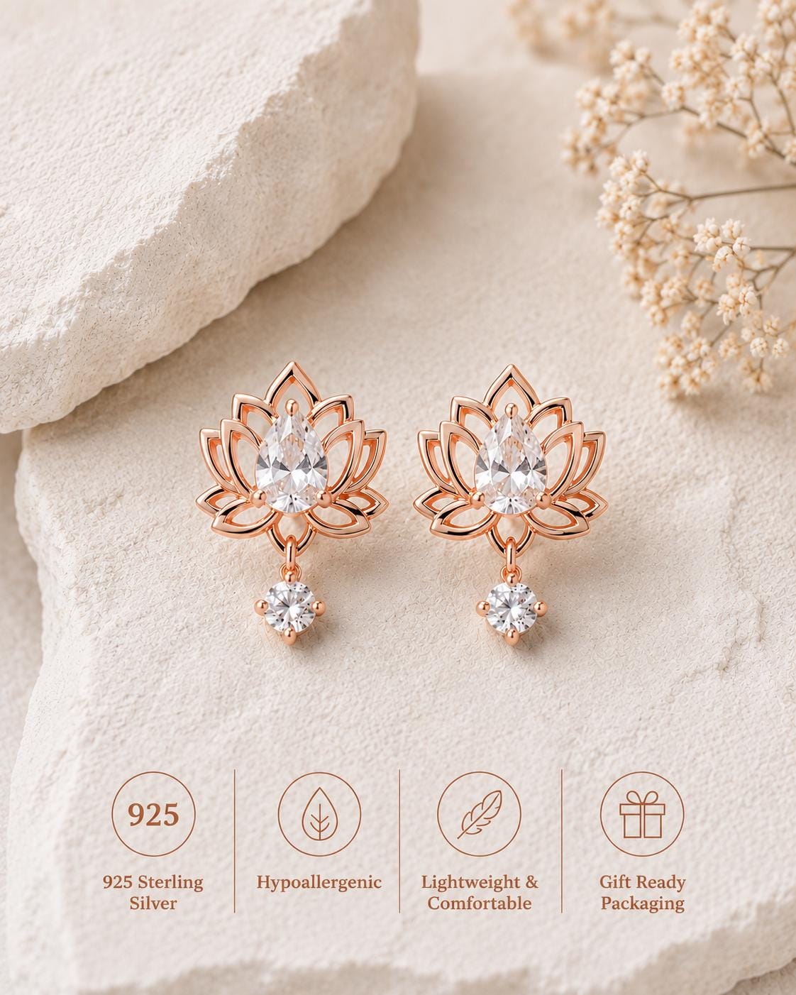 Sterling Silver Moissanite Lotus Drop Earrings, Dainty Floral Studs