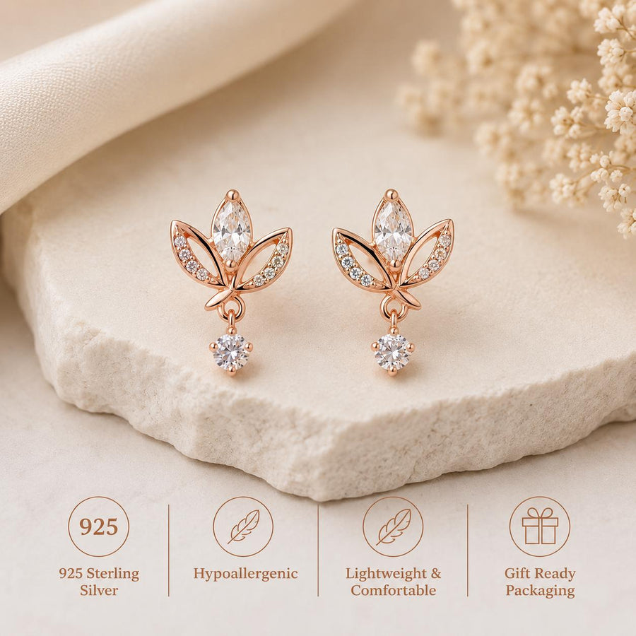 925 Sterling Silver Moissanite Lotus Earrings, Marquise Cut Floral Drop Jewelry