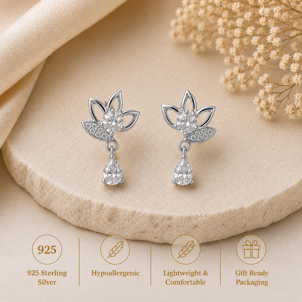 925 Sterling Silver Moissanite Lotus Drop Earrings, Floral Bridal Dangle Jewelry