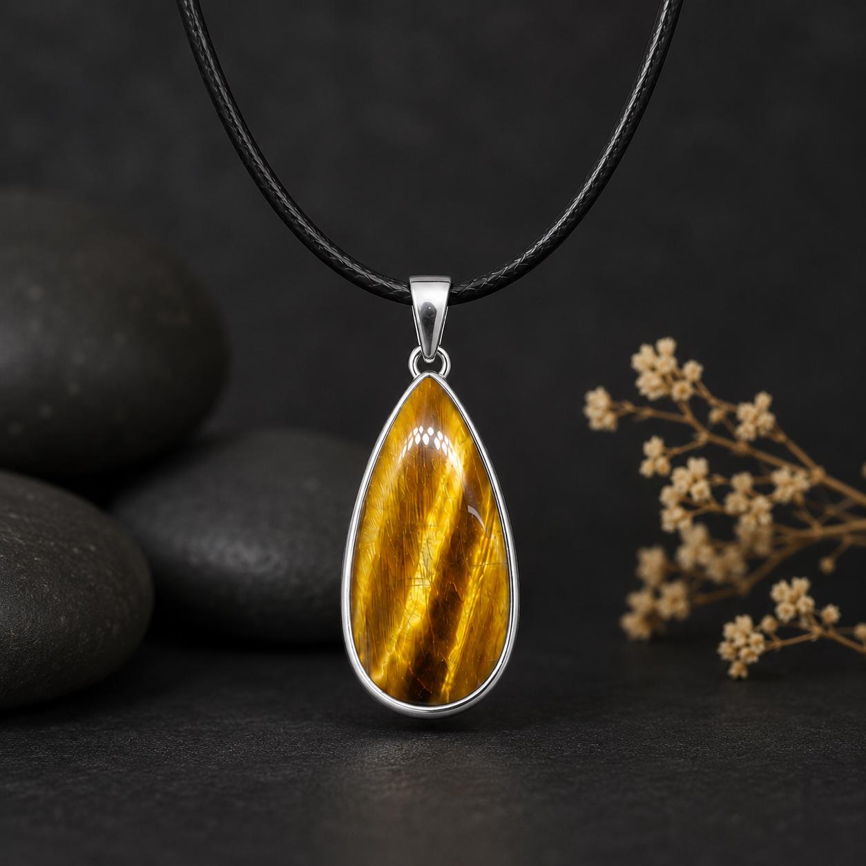 Sterling Silver Teardrop Tiger Eye Pendant Necklace, Protection Stone Jewelry