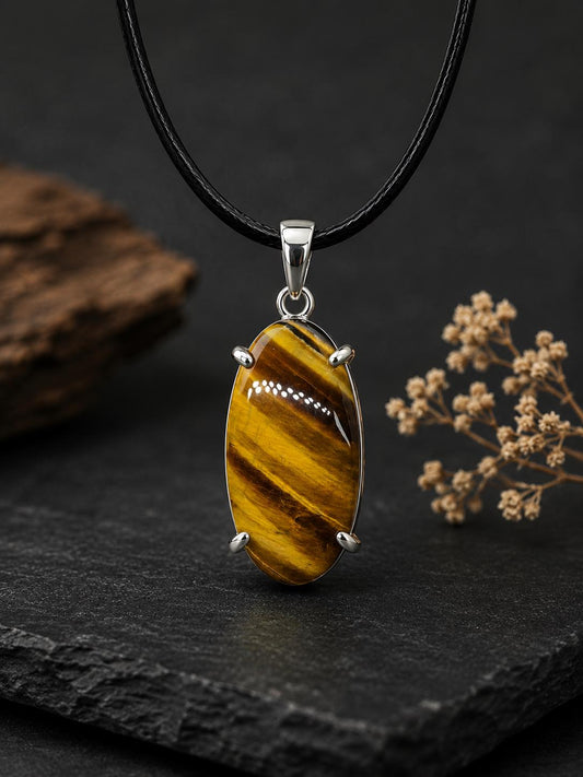 925 Sterling Silver Oval Tiger Eye Pendant Necklace, Boho Gemstone Jewelry