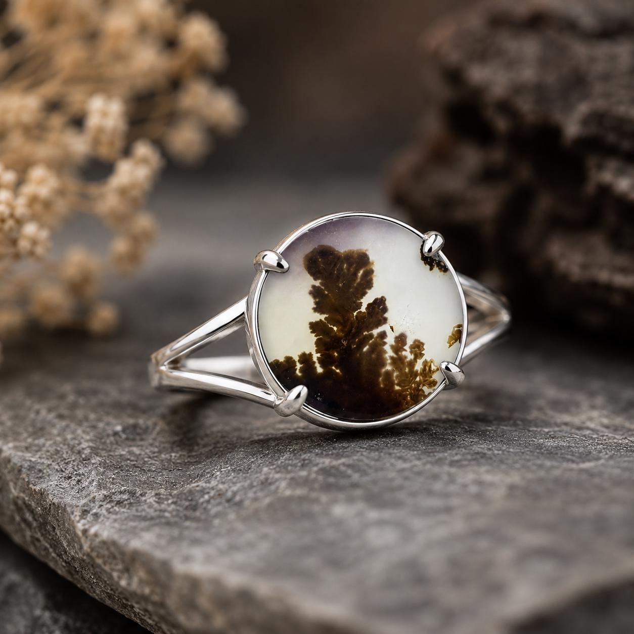 Shazar Dendrite Agate Statement Ring, Sterling Silver Nature Jewelry