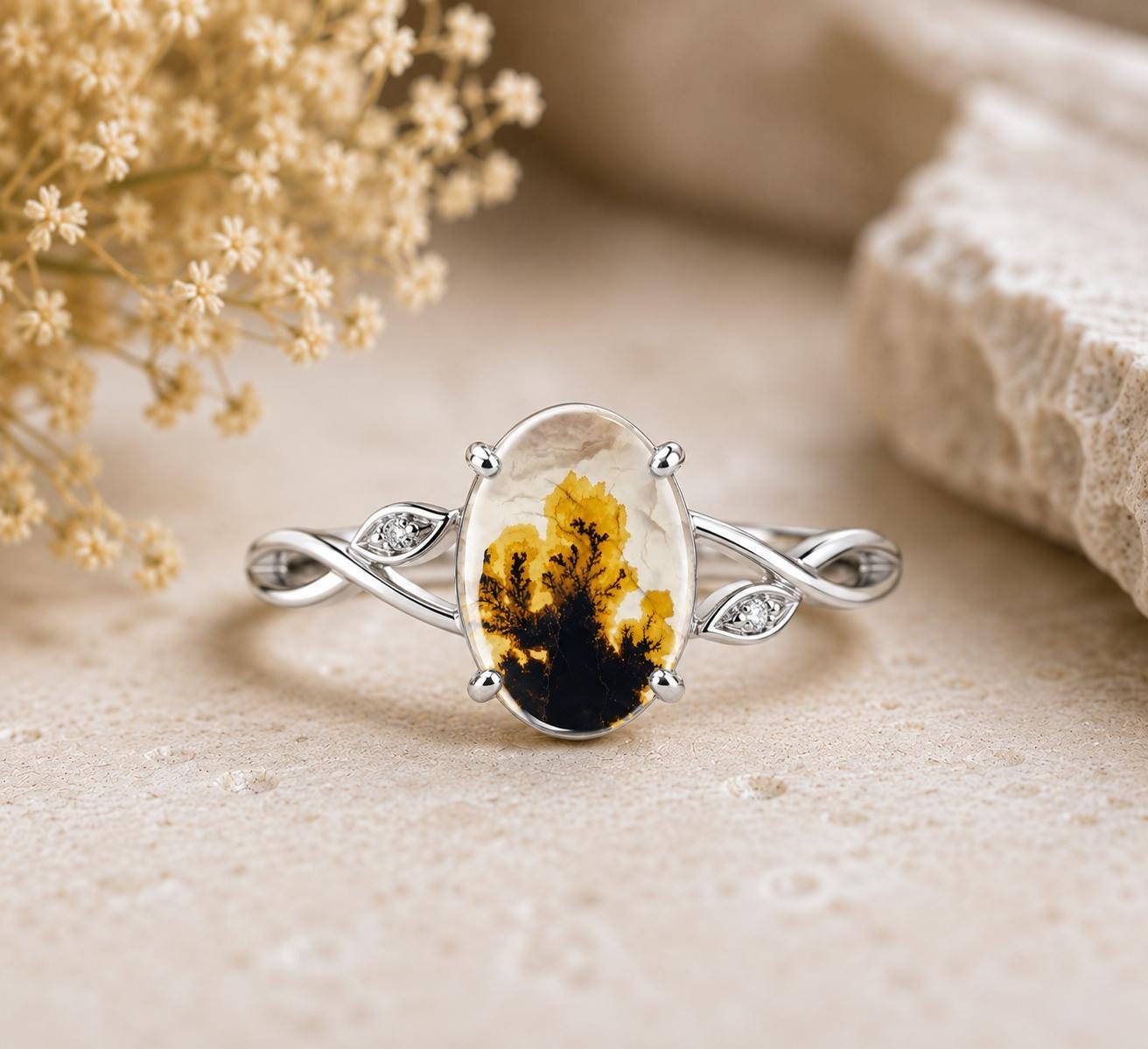 Shazar Dendrite Agate Ring, Oval Sterling Silver Nature Inspired Leaf Vine Jewelry