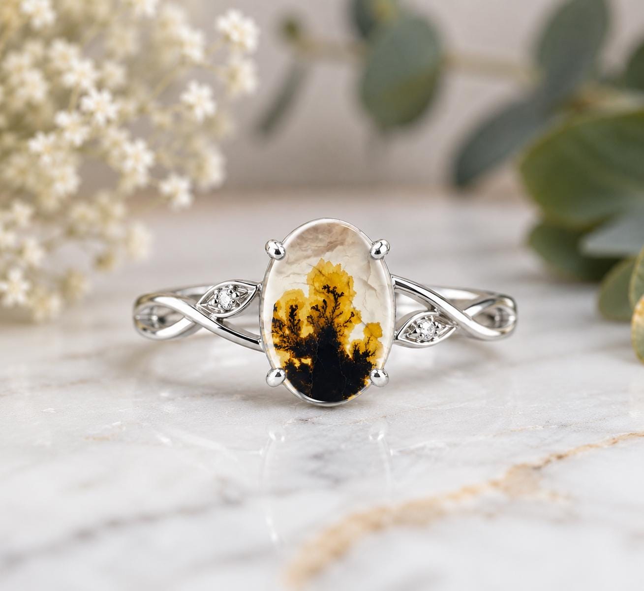 Shazar Dendrite Agate Ring, Oval Sterling Silver Nature Inspired Leaf Vine Jewelry