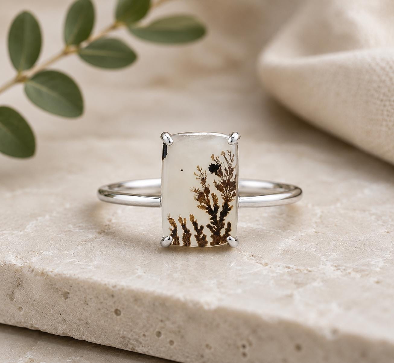 Shazar Dendrite Agate Ring, Sterling Silver, Rectangle Nature Gemstone, Minimalist Artisan Jewelry