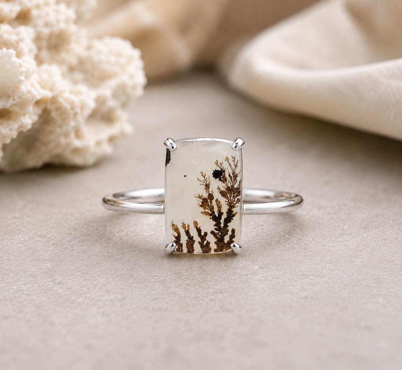 Shazar Dendrite Agate Ring, Sterling Silver, Rectangle Nature Gemstone, Minimalist Artisan Jewelry