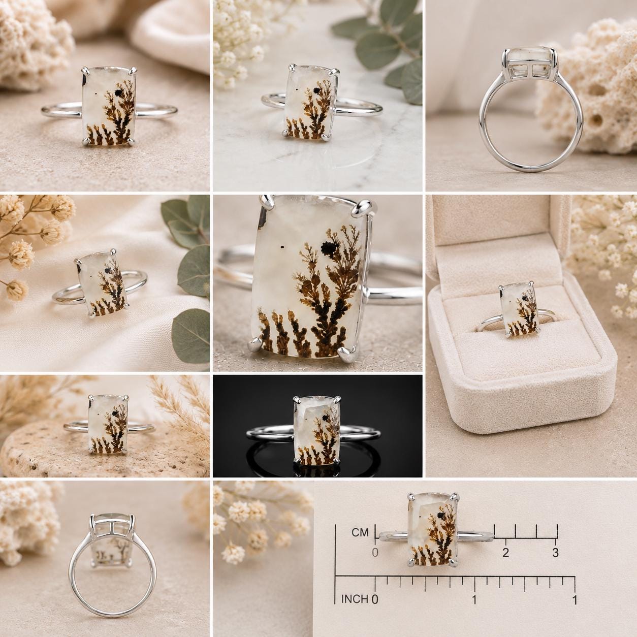 Shazar Dendrite Agate Ring, Sterling Silver, Rectangle Nature Gemstone, Minimalist Artisan Jewelry