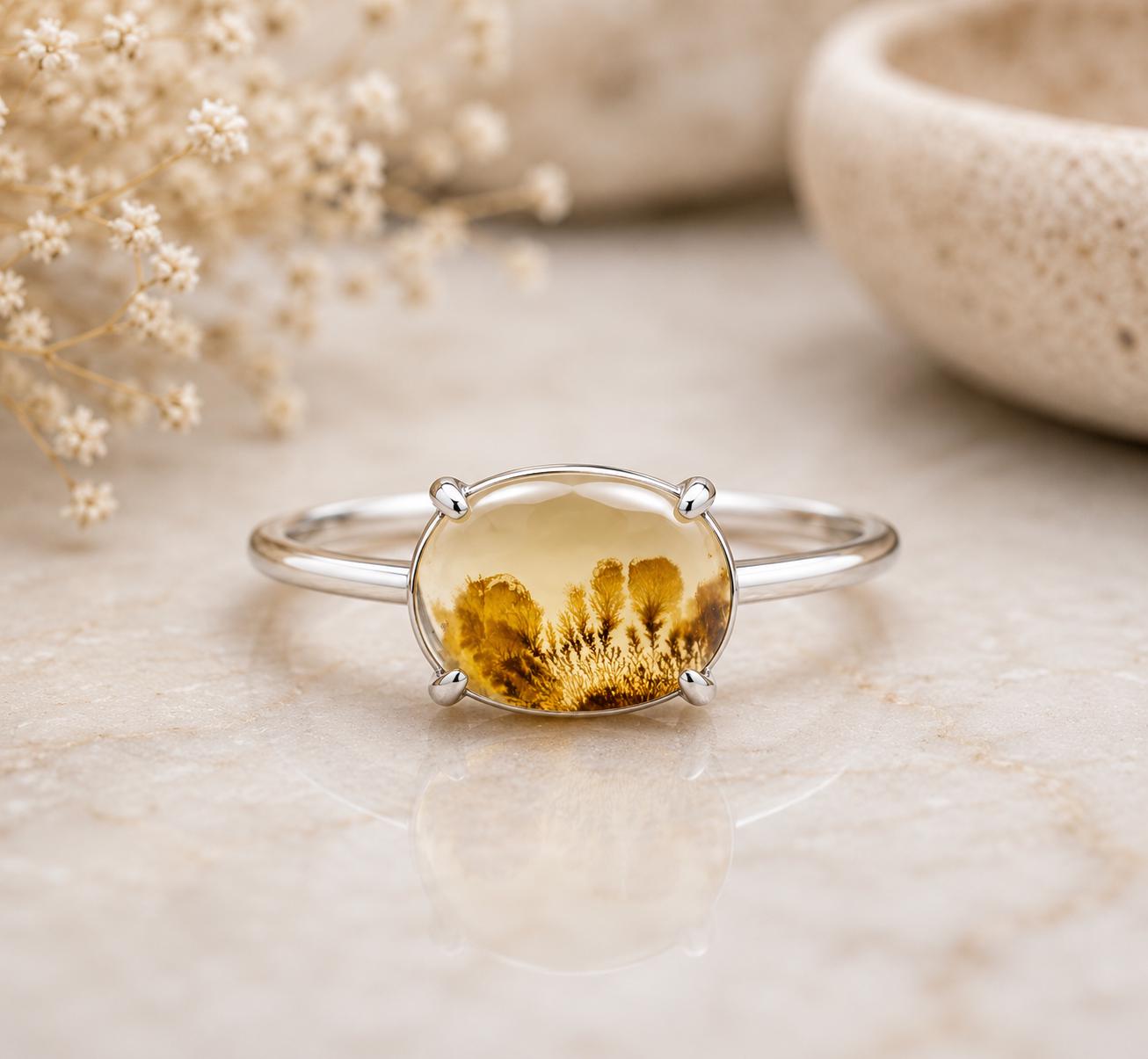 Golden Shazar Dendrite Agate Ring, Oval Botanical Sterling Silver, Nature Inspired Jewelry