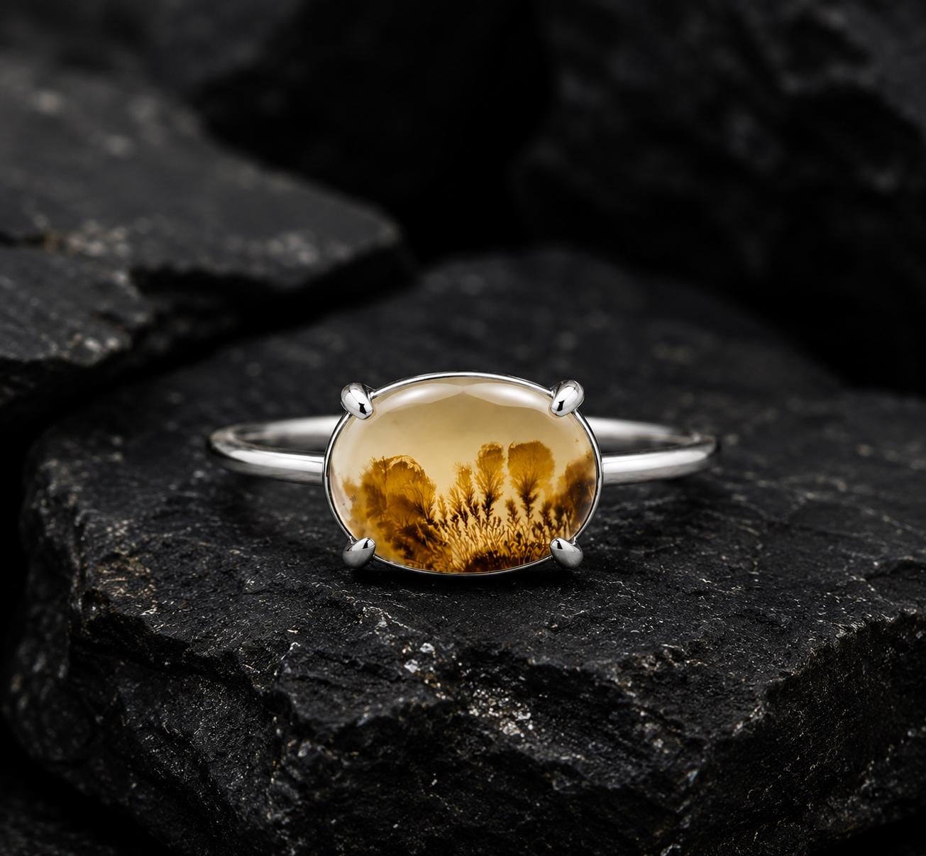 Golden Shazar Dendrite Agate Ring, Oval Botanical Sterling Silver, Nature Inspired Jewelry