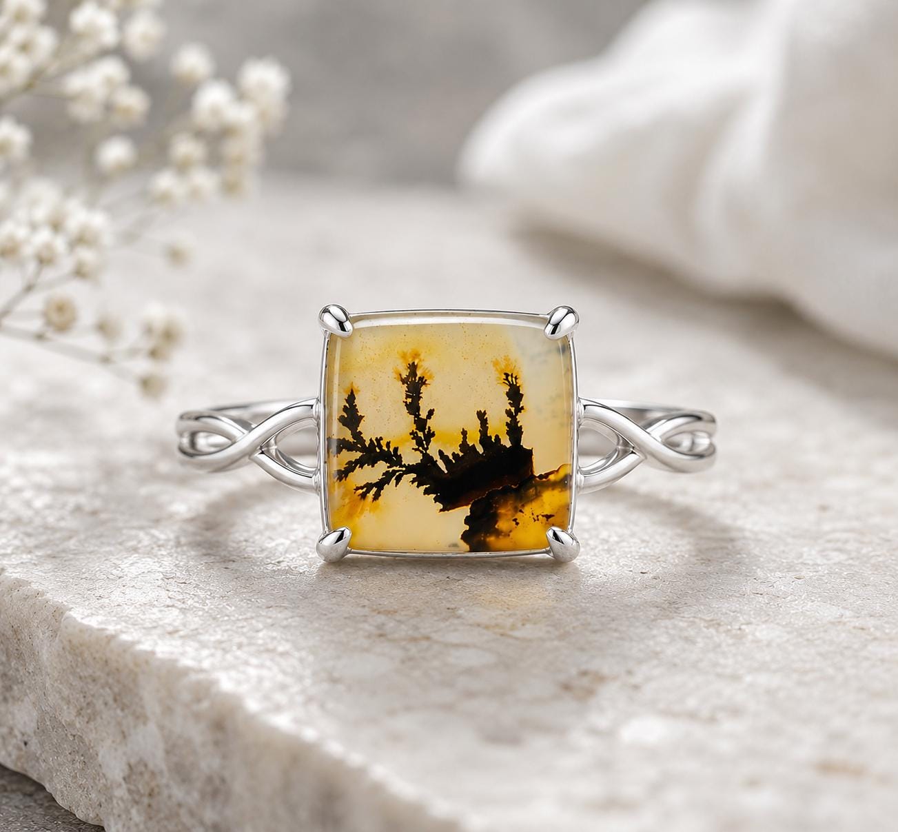 Shazar Dendrite Agate Ring, Sterling Silver Twisted Vine Band, Nature Inspired Cushion Square Cabochon