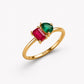Sterling Silver Two Stone Ring, Emerald Cut Ruby, Pear Emerald CZ