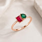 Sterling Silver Two Stone Ring, Emerald Cut Ruby, Pear Emerald CZ