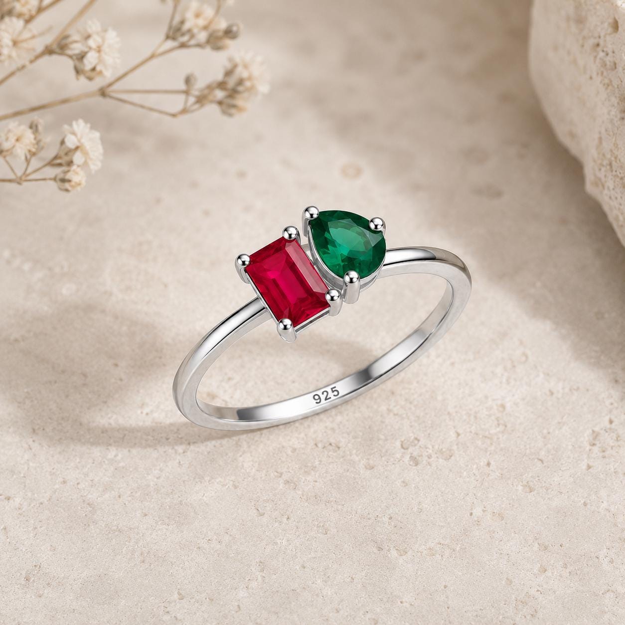Sterling Silver Two Stone Ring, Emerald Cut Ruby, Pear Emerald CZ