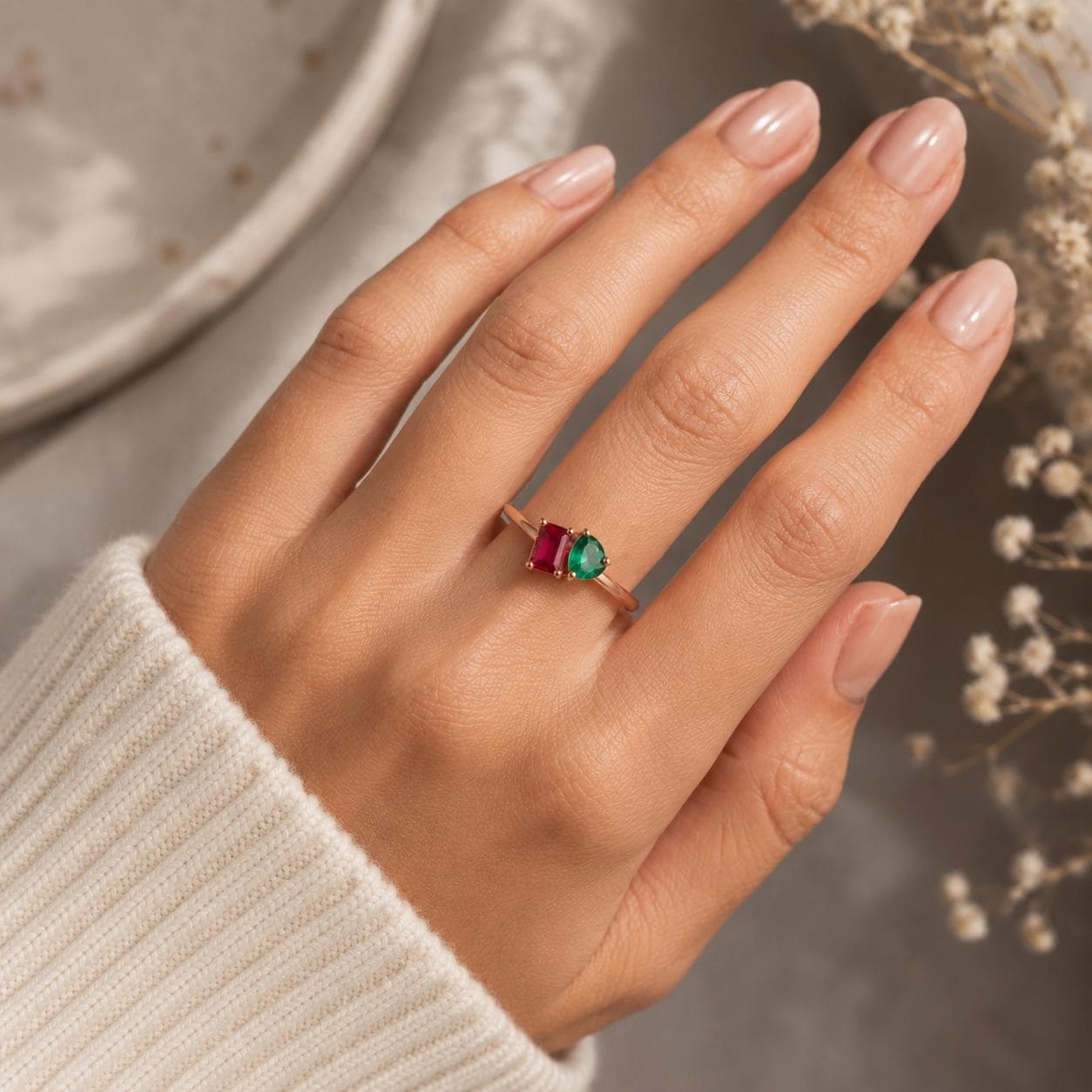 Sterling Silver Two Stone Ring, Emerald Cut Ruby, Pear Emerald CZ