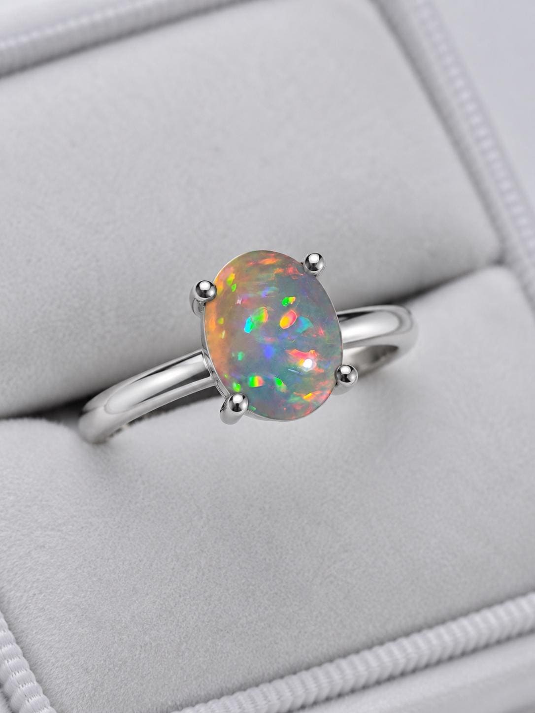 925 Sterling Silver Oval Opal Solitaire Ring, October Birthstone Promise Ring