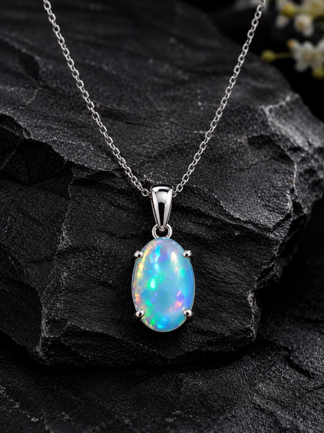 925 Sterling Silver Oval Opal Pendant Necklace, October Birthstone, Minimalist Solitaire Jewelry