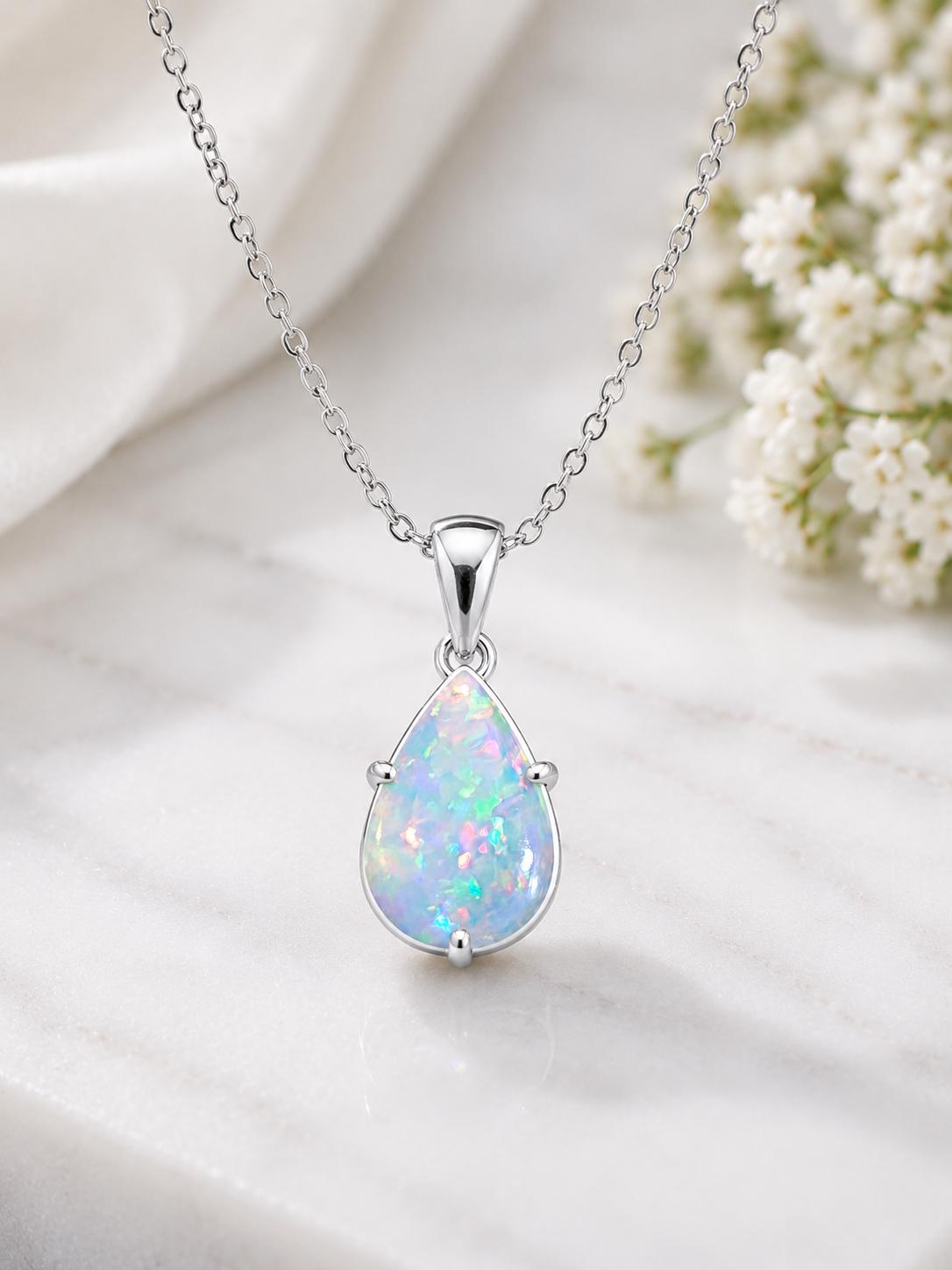 925 Sterling Silver Pear Opal Pendant Necklace, Teardrop October Birthstone Jewelry