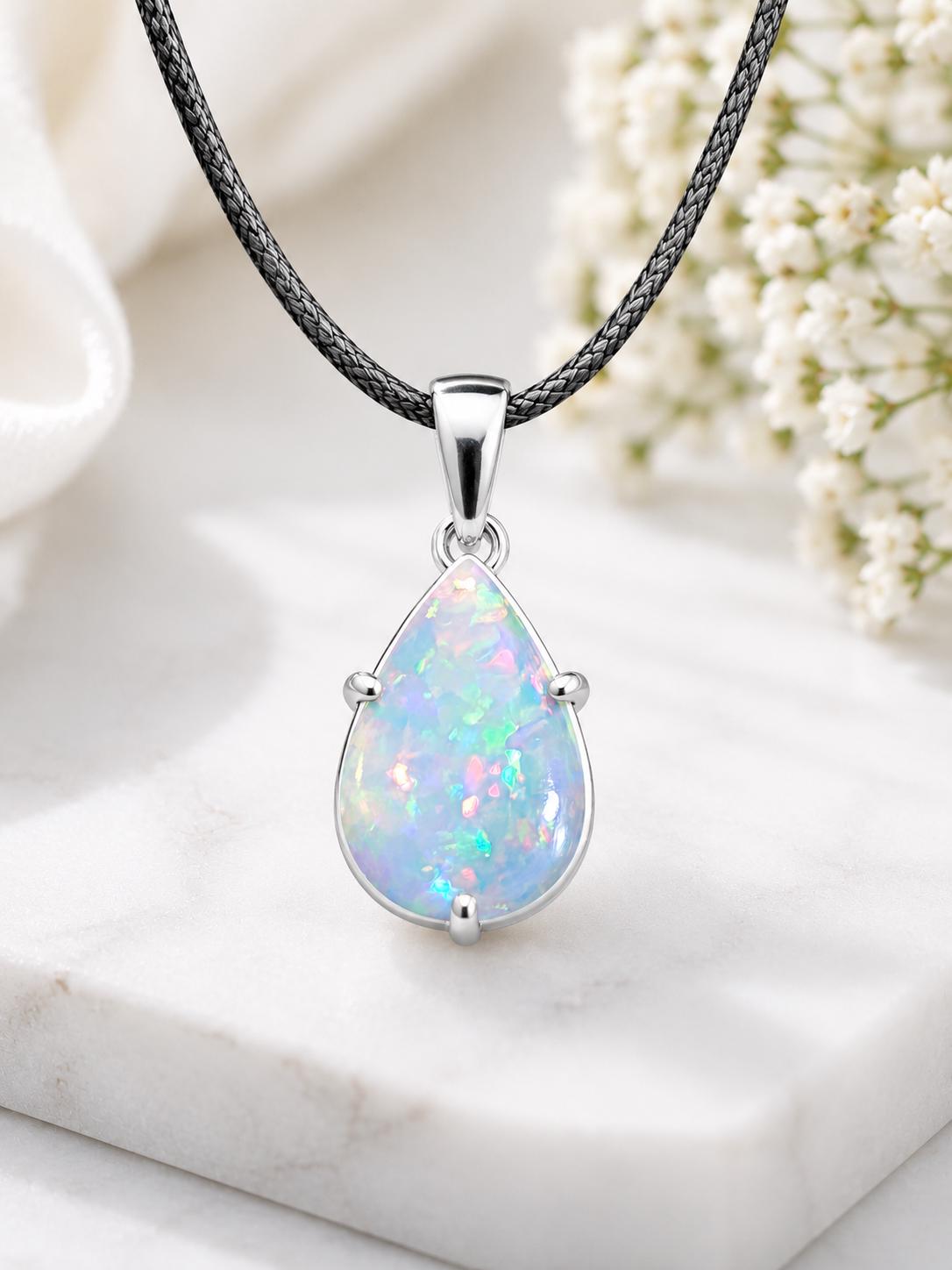 925 Sterling Silver Pear Opal Pendant Necklace, Teardrop October Birthstone Jewelry