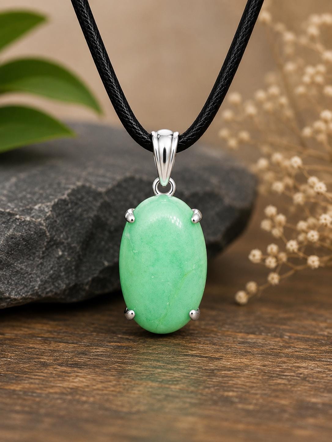 Handcrafted Oval Chrysoprase Pendant, 925 Sterling Silver, Minimalist Green Gemstone Necklace