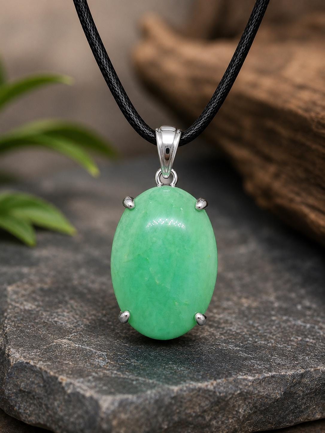 Oval Chrysoprase Pendant, 925 Sterling Silver, Natural Green Gemstone Necklace