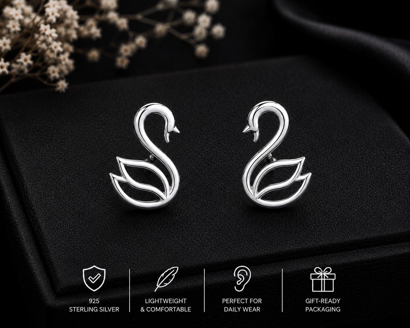 Sterling Silver Swan Stud Earrings, Minimalist Bird Jewelry, Nature Inspired Gift