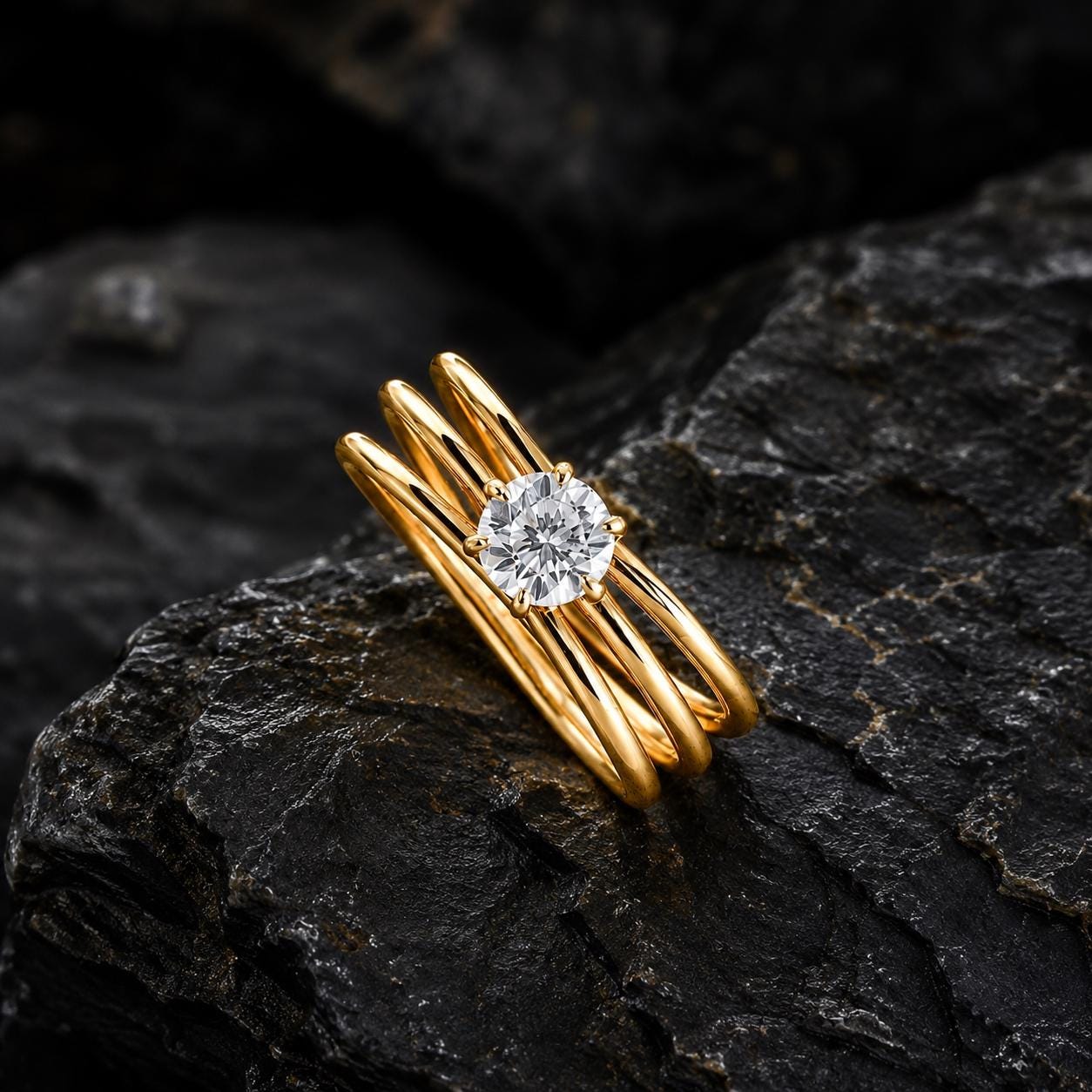 925 Sterling Silver Moissanite Triple Band Solitaire Ring