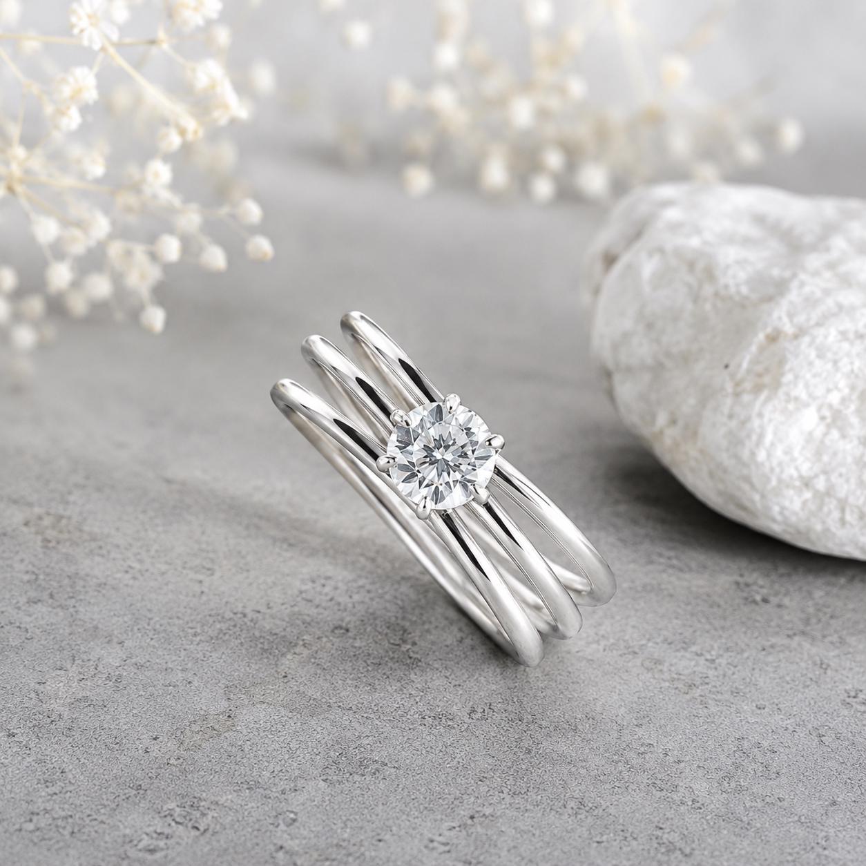 925 Sterling Silver Moissanite Triple Band Solitaire Ring