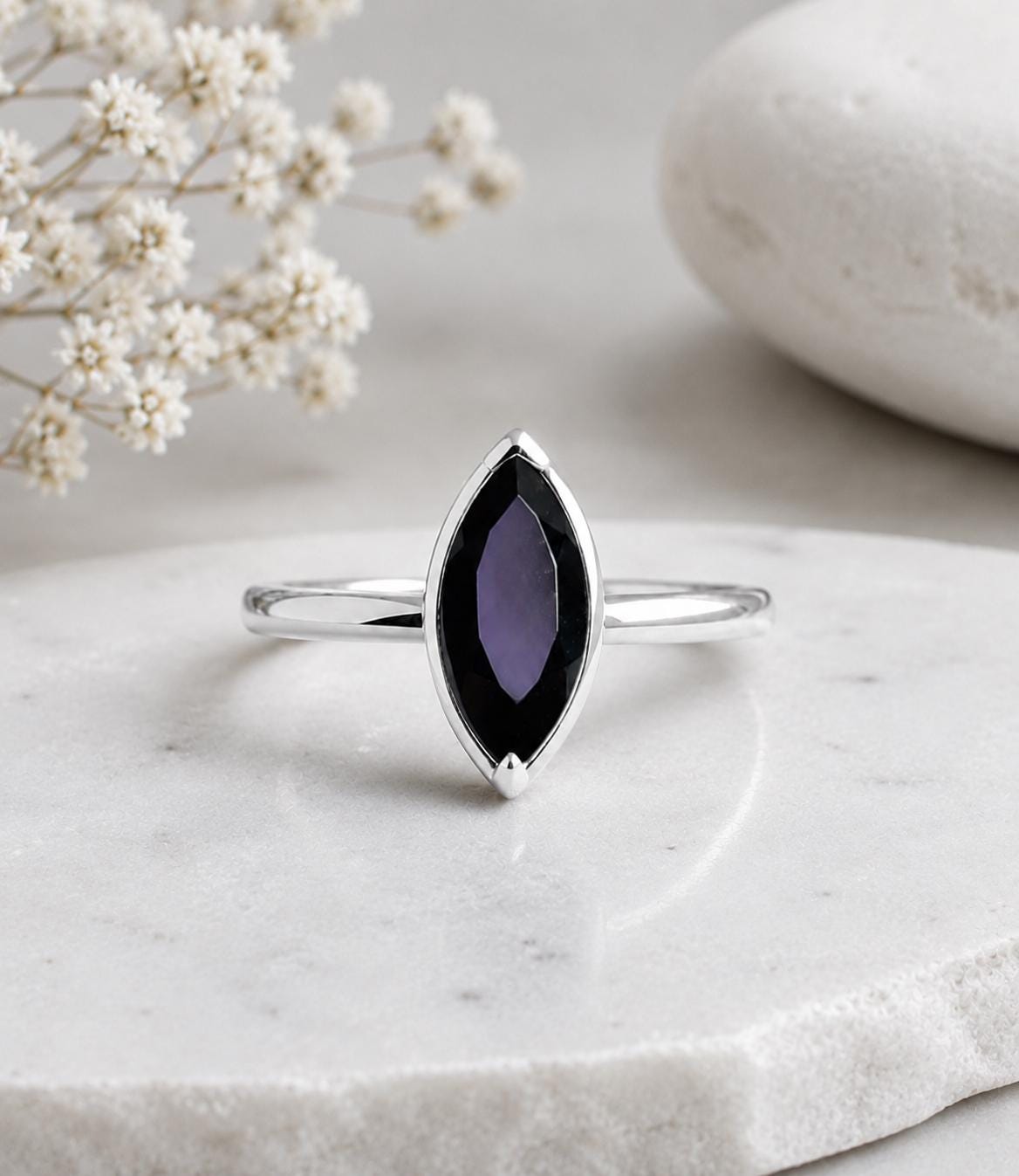 925 Sterling Silver Marquise Black Onyx Ring, Minimalist Statement Solitaire Jewelry