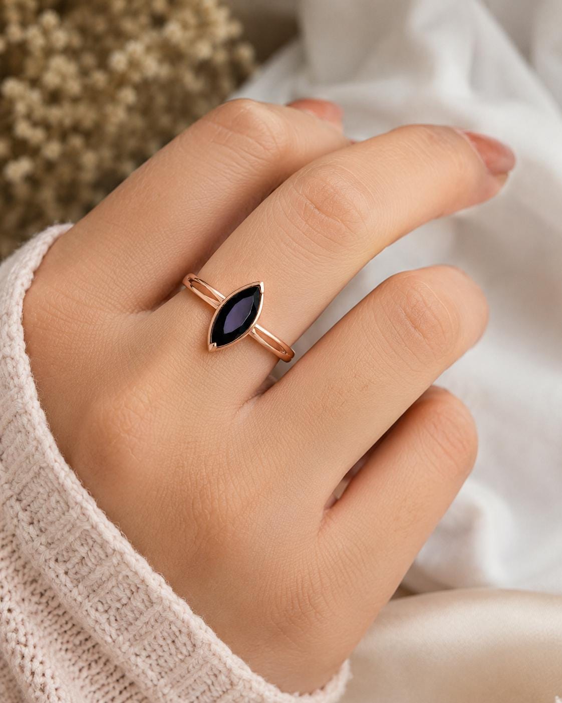 925 Sterling Silver Marquise Black Onyx Ring, Minimalist Statement Solitaire Jewelry