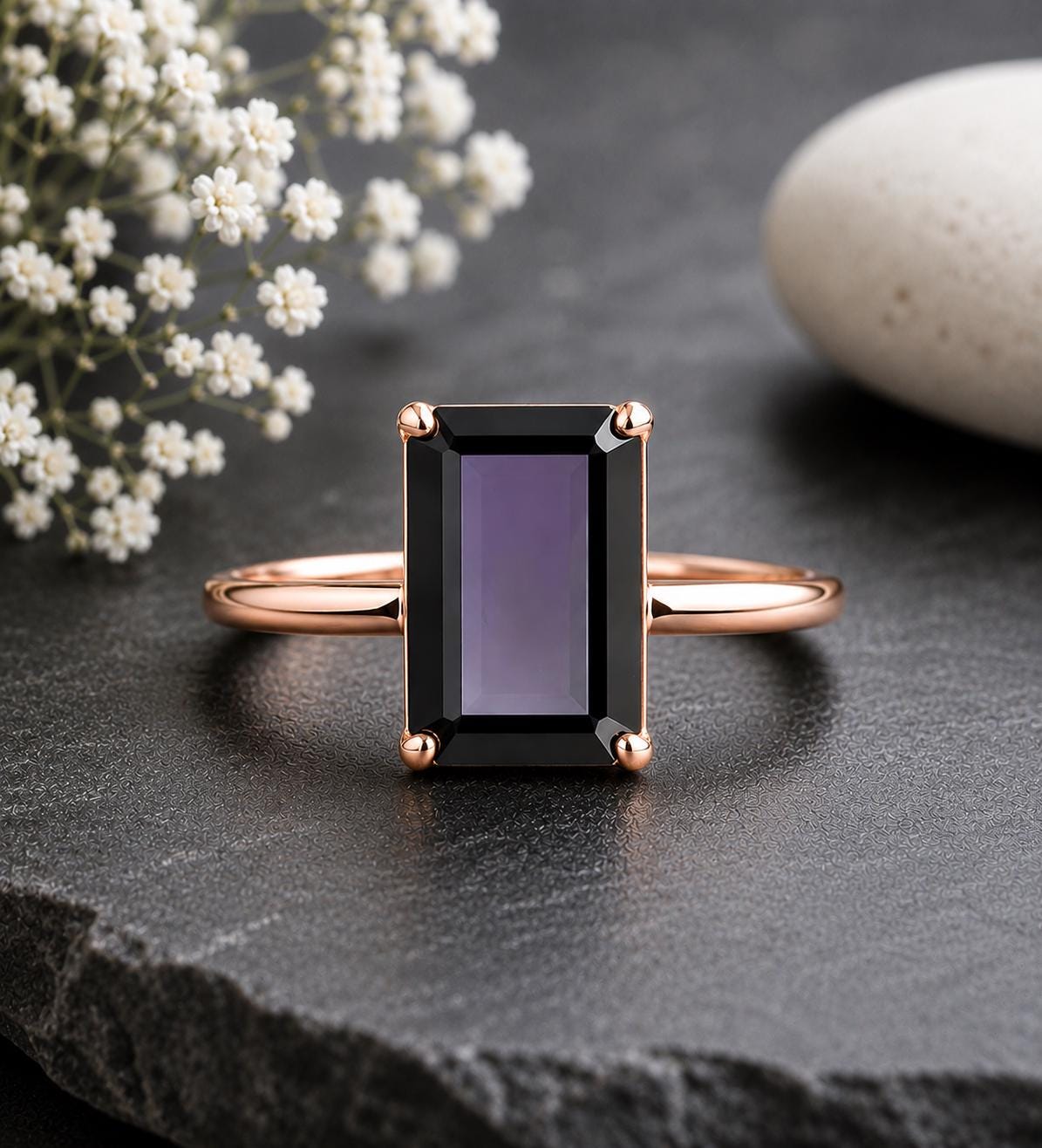 925 Sterling Silver Emerald Cut Black Onyx Solitaire Ring, Minimalist Statement Band