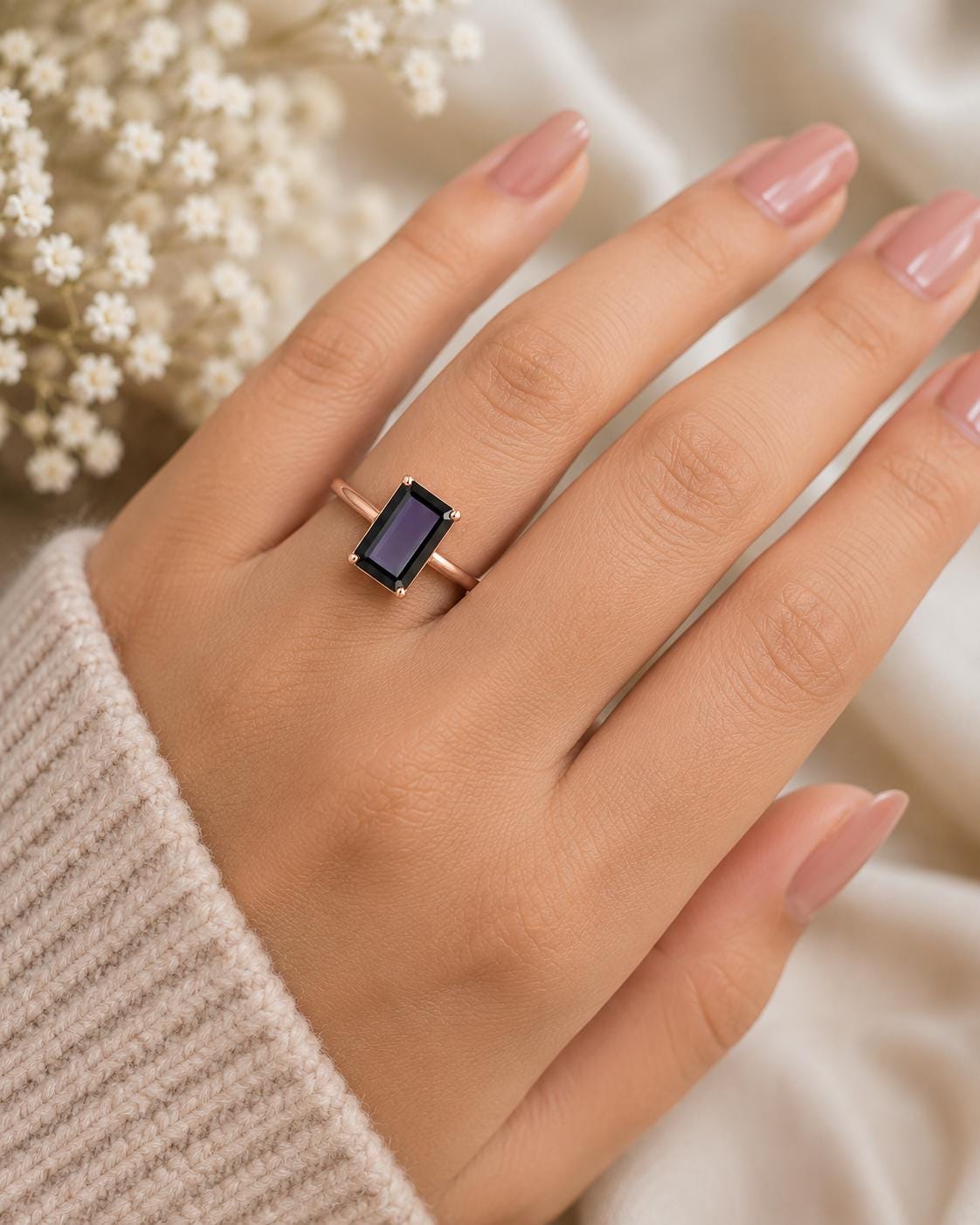 925 Sterling Silver Emerald Cut Black Onyx Solitaire Ring, Minimalist Statement Band