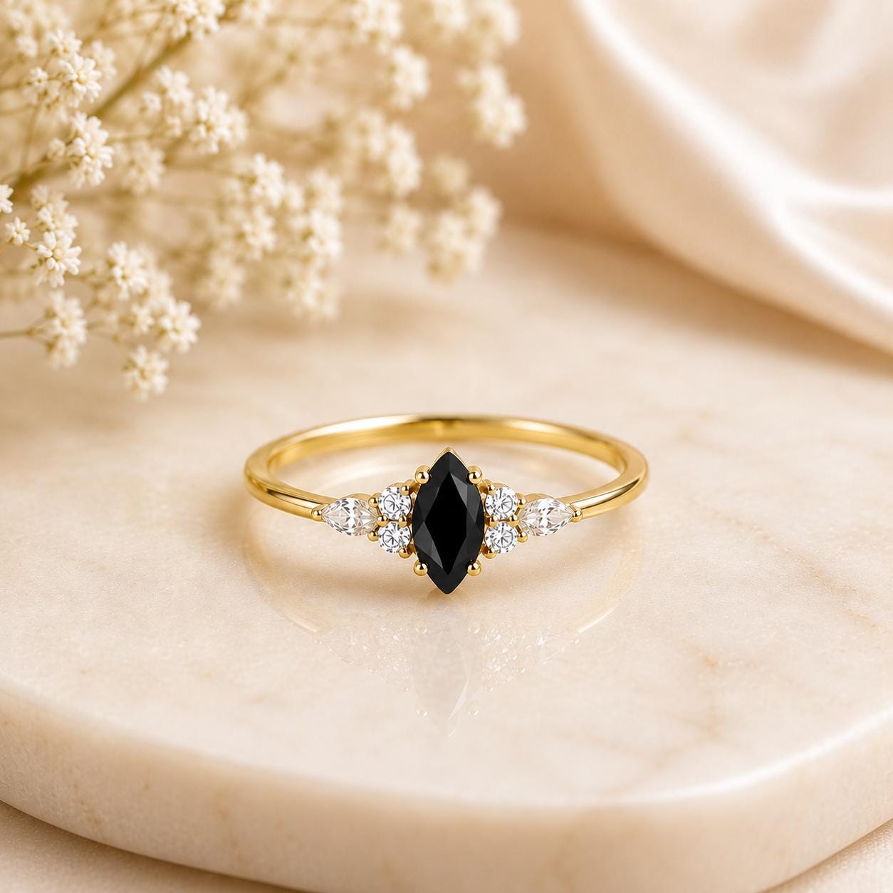 925 Sterling Silver Marquise Black Onyx Ring, Vintage Statement Ring