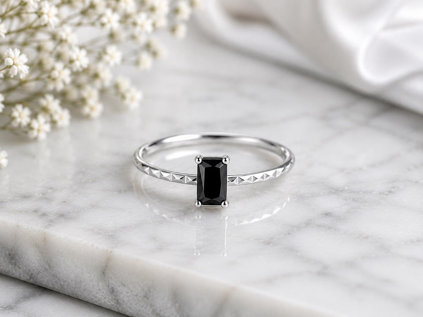 925 Sterling Silver Emerald Cut Black Onyx Solitaire Ring, Diamond-Cut Band