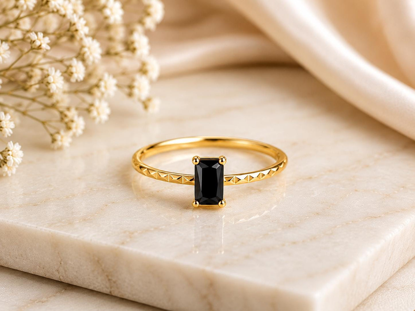925 Sterling Silver Emerald Cut Black Onyx Solitaire Ring, Diamond-Cut Band