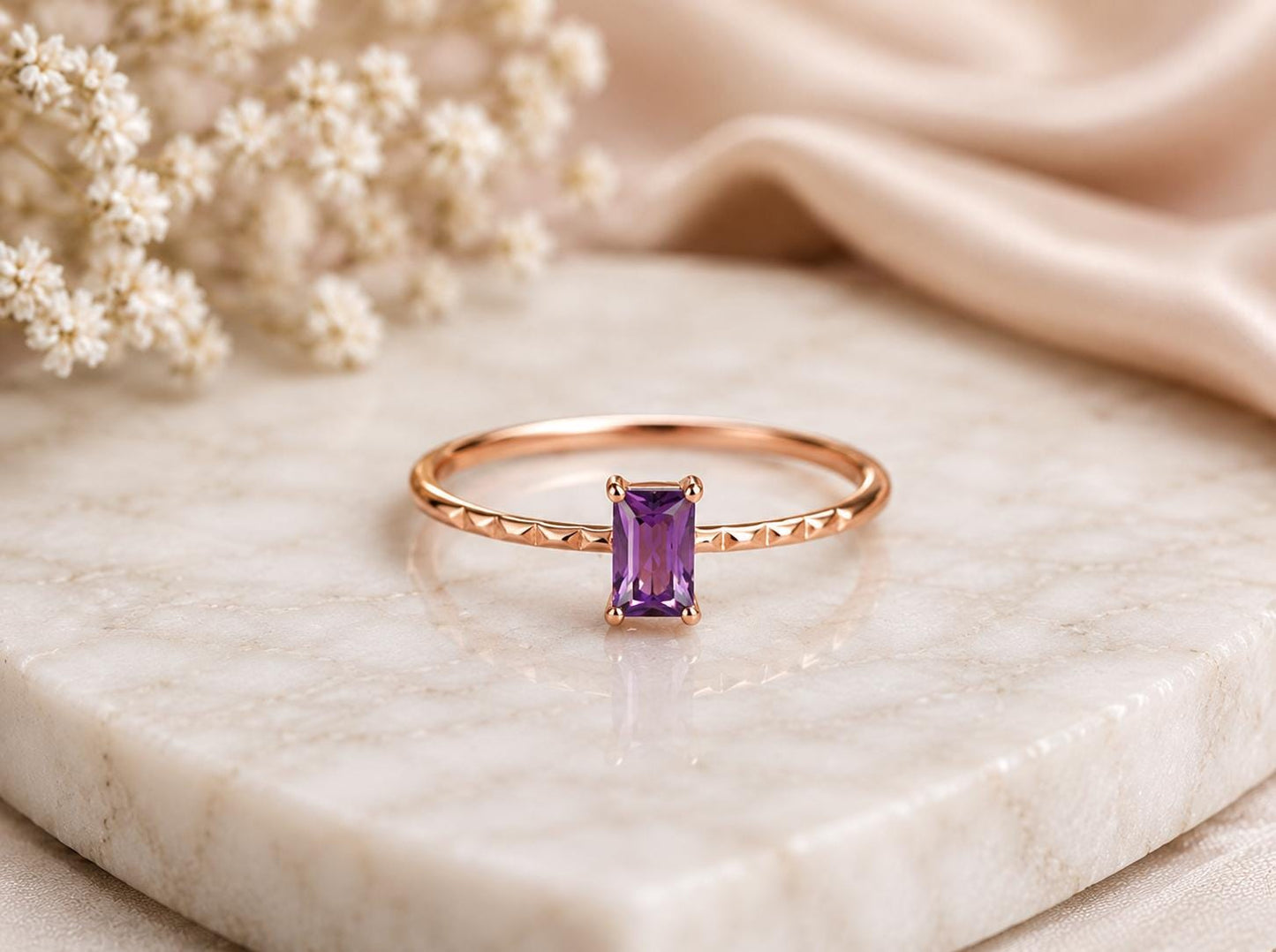 925 Sterling Silver Emerald Cut Amethyst Solitaire Ring, Diamond-Cut Band