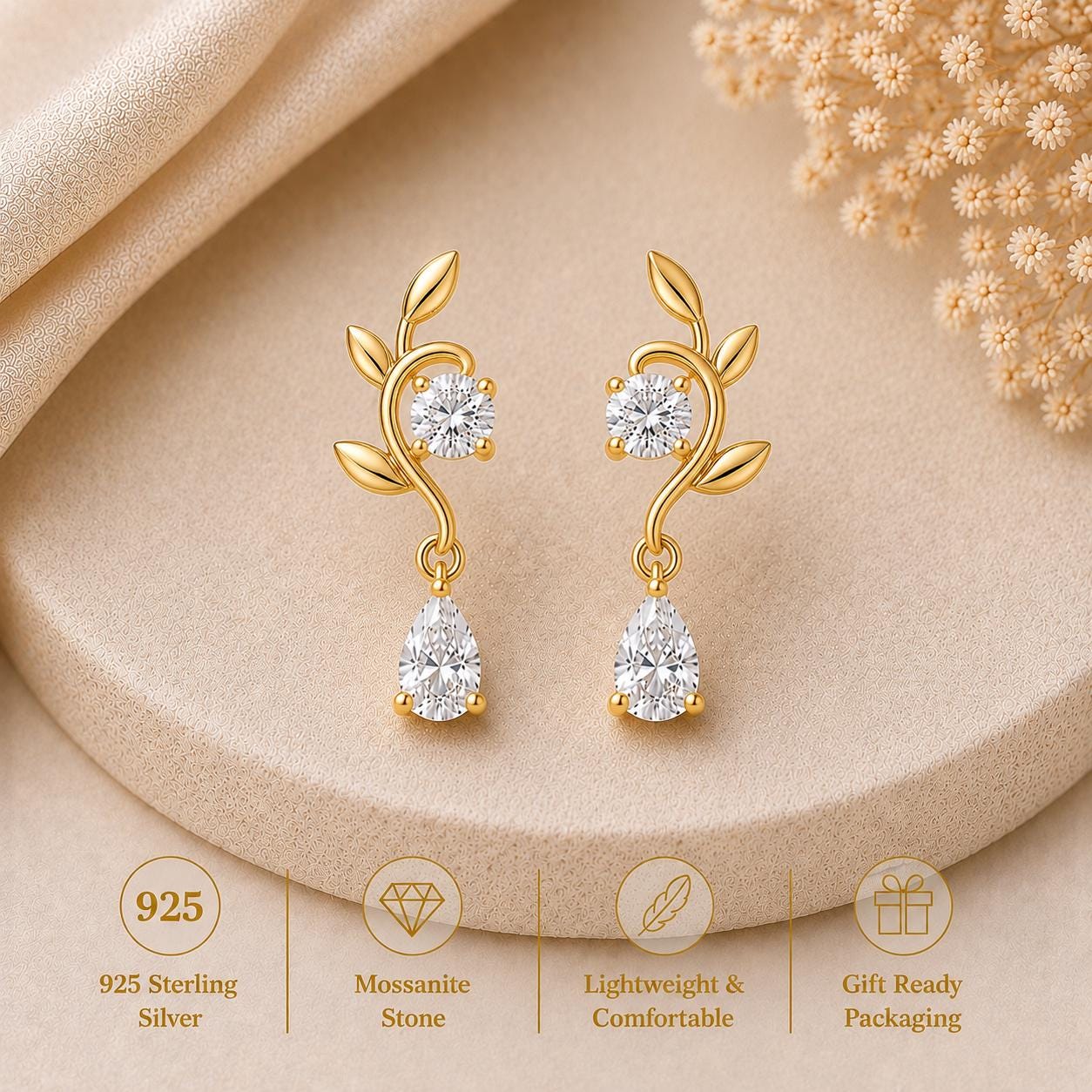 925 Sterling Silver Moissanite Leaf Drop Earrings, Nature Botanical Bridal Jewelry