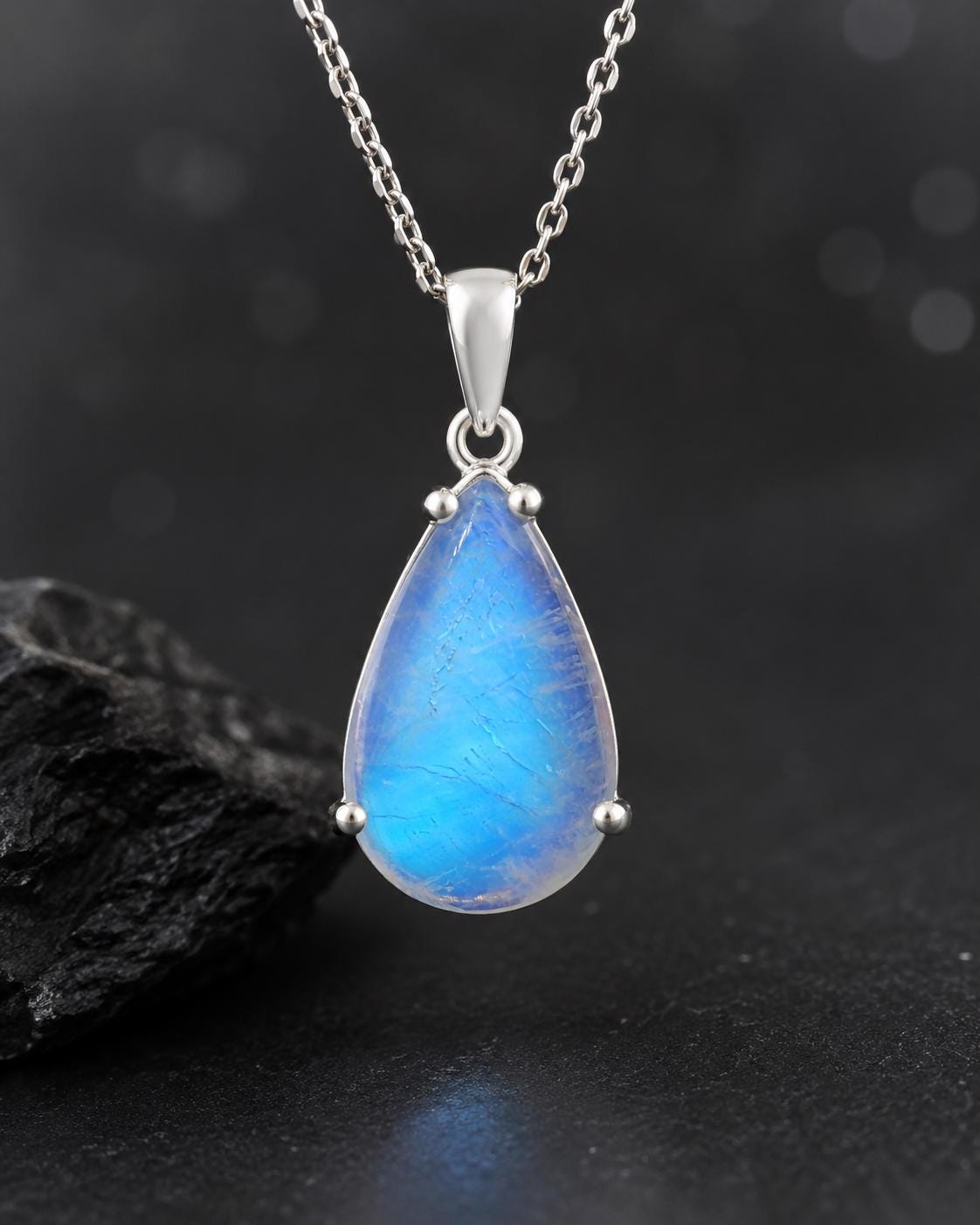 925 Sterling Silver Pear Moonstone Pendant Necklace, Minimalist Blue Flash Gemstone
