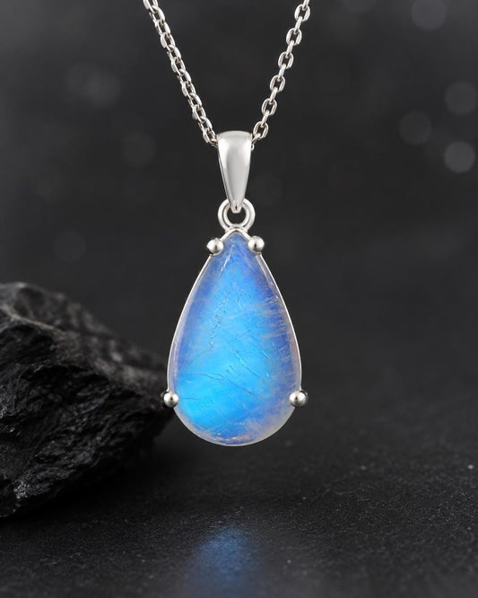 925 Sterling Silver Pear Moonstone Pendant Necklace, Minimalist Blue Flash Gemstone